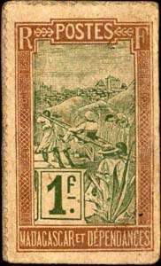 Timbre-monnaie Madagascar - motif Chien - Type 3 : montant en chiffres et en lettres - 1 franc - revers
