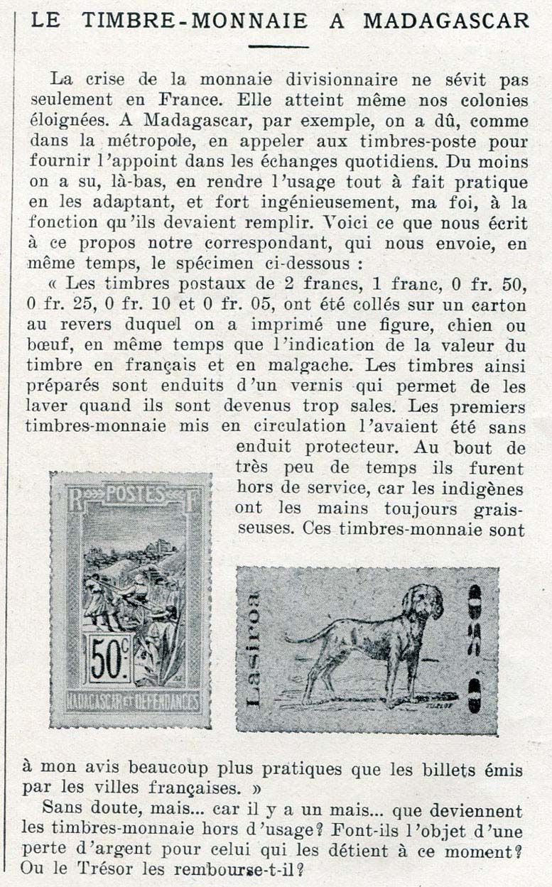 Article tiré du numéro 4032 du journal l'Illustration daté du samedi 12 juin 1920 parlant des timbres-monnaie à Madagascar