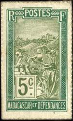 Timbre-monnaie Madagascar - motif Zébu - Carton gris non verni - 5 centimes à gros chiffres - revers