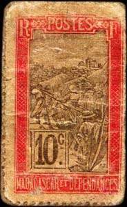 Timbre-monnaie Madagascar - motif Zébu - Carton gris - 10 centimes à petits chiffres - revers