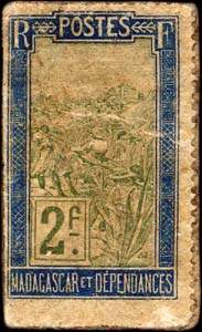 Timbre-monnaie Madagascar - motif Zébu - Carton gris - 2 francs à petits chiffres - revers