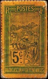 Timbre-monnaie Madagascar - motif Zébu - Carton gris verni - 5 centimes à gros chiffres - revers
