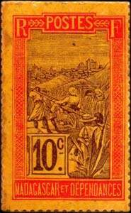 Timbre-monnaie Madagascar - motif Zébu - Carton gris verni - 10 centimes à gros chiffres - revers