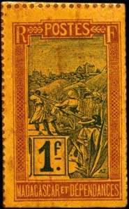 Timbre-monnaie Madagascar - motif Zébu - Carton gris verni - 1 franc à gros chiffres - revers