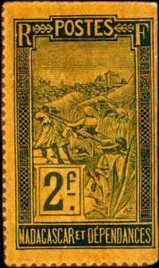 Timbre-monnaie Madagascar - motif Zébu - Carton gris verni - 2 francs à gros chiffres - revers