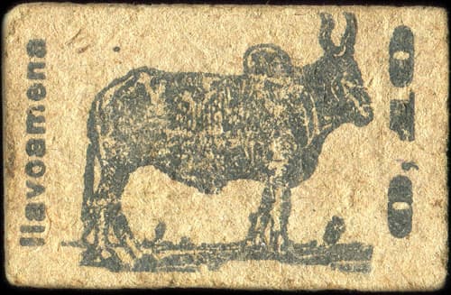 Timbre-monnaie Madagascar - motif Z�bu - Carton gris - Ilavoamena - 10 centimes � petits chiffres - Type 1 - exemplaire sans timbre - avers