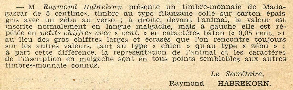 Signalement des timbres-monnaie portant des petits chiffres dans le Bulletin n�9 de la Soci�t� Fran�aise de Numismatique de novembre 1954