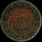 Timbre-monnaie F. Massart - Fournitures générales du bâtiment - 15 centimes vert-ligné sur fond rouge - avers