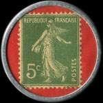 Timbre-monnaie Nouvelles Galeries - Type 2 (S.G.D.G. au dessous) - 5 centimes vert sur fond rouge - revers