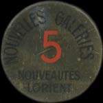 Timbre-monnaie Nouvelles Galeries Nouveautés Lorient - 5 centimes vert sur fond doré - avers