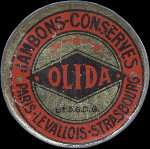Timbre-monnaie Olida (Jambons - Conserves) - 5 centimes vert sur fond rouge - avers