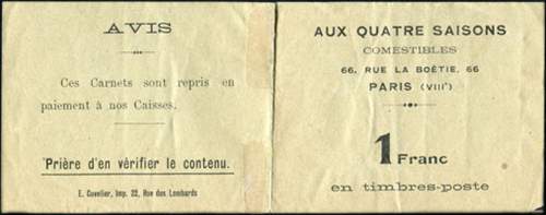 Timbre-monnaie Aux Quatre Saisons - Carnet blanc - 1 franc - (4 x 25 centimes) - avers