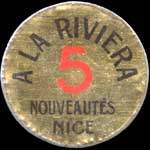 Timbre-monnaie A la Riviera - Nouveautés - Nice - 5 centimes vert sur fond jaune - avers
