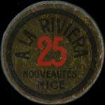 Timbre-monnaie A la Riviera - Nouveautés - Nice - 25 centimes bleu sur fond rouge - avers
