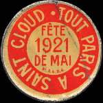 Timbre-monnaie Tout Paris à Saint Cloud - Fête de Mai 1921 - 10 centimes rouge sur fond bleu-roi - avers