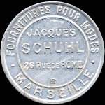 Timbre-monnaie Jacques Schuhl - 5 centimes vert sur fond rouge - avers