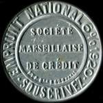 Timbre-monnaie Société Marseillaise de Crédit (type 1 petites inscriptions) - 10 centimes rouge sur fond bleu - avers