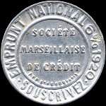 Timbre-monnaie Société Marseillaise de Crédit (type 1 petites inscriptions) - 5 centimes vert sur fond rouge-orangé - avers