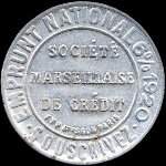 Timbre-monnaie Société Marseillaise de Crédit (type 2 grandes inscriptions) - 5 centimes vert sur fond rouge - avers