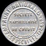 Timbre-monnaie Société Marseillaise de Crédit (type 3 petites inscriptions) - 25 centimes bleu sur fond crème - avers