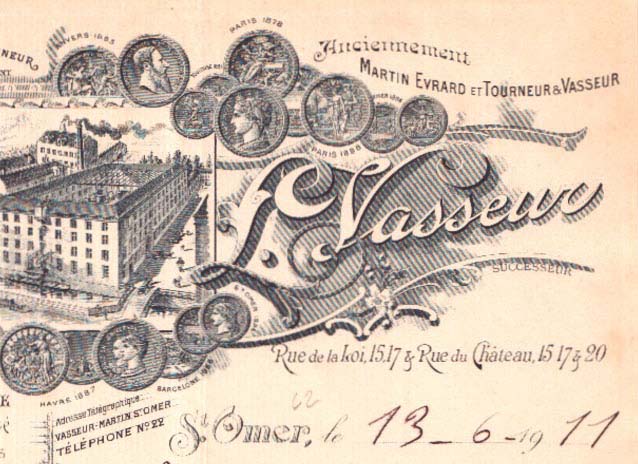 Etablissements L.Vasseur � Saint-Omer, adresse t�l�graphique Vassseur-Martin.St.Omer - T�l�phone n� 22