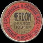 Timbre-monnaie Verdon grande liqueur - 5 centimes vert sur fond rouge - avers