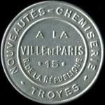 Timbre-monnaie Chemiserie - A la Ville de Paris - Troyes - 25 centimes bleu sur fond bleu - avers