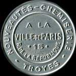 Timbre-monnaie Chemiserie - A la Ville de Paris - Troyes - 5 centimes orange sur fond rouge - avers