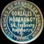 Timbre-monnaie indit Ustensiles de mnage en aluminium - Gonzals Moreau & Cie - 56, Faubourg Montmartre - 5 centimes vert sur fond dor