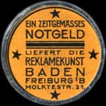 Timbre-monnaie Ein zeitgem�sses notgeld liefert die reklamekunst Baden - Freiburg ' B - Molktestr. 21. - 10 pfennig olive sur fond orange - Allemagne - briefmarkenkapselgeld
