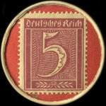 Timbre de 5 pfennig lie-de-vin sur fond rouge