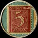 Timbre de 5 pfennig lie-de-vin sur fond vert