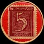 Timbre de 5 pfennig lie-de-vin sur fond rouge