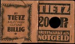 Timbre-monnaie Tietz - 20 pfennig Germania sous carton brun - ouvert - face