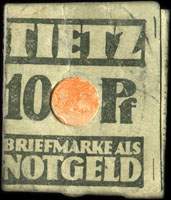 Timbre-monnaie Tietz - 10 pfennig Germania sous carton beige - fermé - dos