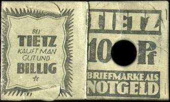 Timbre-monnaie Tietz - 10 pfennig Germania sous carton beige - ouvert - face