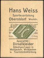 Timbre-monnaie Hans Weiss � Oberstdorf - Allemagne - Briefmarkengeld