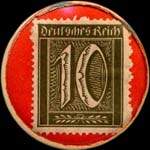Timbre de 10 pfennig olive sur fond rouge