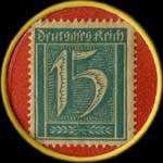 Timbre de 15 pfennig bleu-vert sur fond rouge