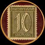 Timbre de 10 pfennig olive sur fond bordeaux