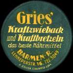 Timbre-monnaie Gries' - Kraftzwieback und Kraftbretzeln - à Barmen - 5 pfennig bordeaux sur fond vert - avers