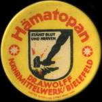 Timbre-monnaie H�matopan - st�hlt blut und nerven - Dr.A.Wolff - N�rmittelwerk/Bielefeld - 5 pfennig lie-de-vin sur fond rouge - avers
