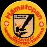 Timbre-monnaie H�matopan - st�hlt blut und nerven - Dr.A.Wolff - N�rmittelwerk/Bielefeld - 10 pfennig olive sur fond rouge - avers