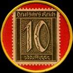 Timbre de 10 pfennig olive sur fond rouge