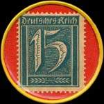 Timbre de 15 pfennig bleu-vert sur fond rouge