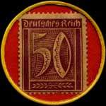 Timbre de 50 pfennig bordeaux sur fond rouge