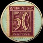 Timbre de 50 pfennig bordeaux sur fond vert