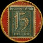 Timbre-monnaie Th.Kranefuss à Cassel - 15 pfennig bleu-vert sur fond rouge - revers