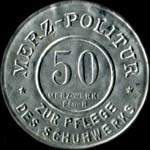 Timbre-monnaie Merz-Politur - 50 Merz-werke Ffm-R - zur plfege des schuhwerks - 50 pfennig bicolore sur fond saumon - avers