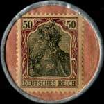 Timbre-monnaie Merz-Politur - 50 Merz-werke Ffm-R - zur plfege des schuhwerks - 50 pfennig bicolore sur fond saumon - revers